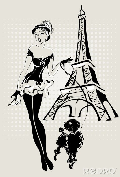 Tableau  Illustration Femme de mode près de la Tour Eiffel avec petit chien