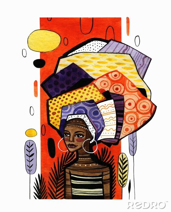 Tableau  Illustration of an african american girl on a background of orange vertical stripe. Watercolor work with graphic elements is done in warm colors.