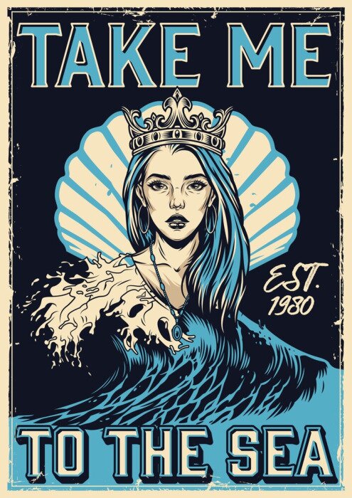 Tableau  Illustration rétro d'une femme à la mer