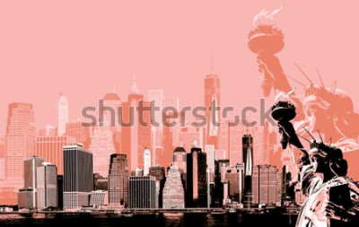 Tableau  Image abstraite de manhattan. Symboles de New York. Skyline de Manhattan et la Statue de la Liberté à New York. Art contemporain et style affiche en orange