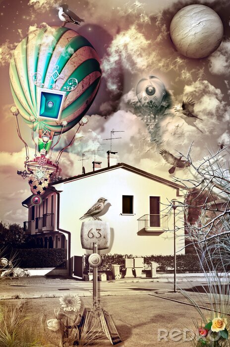 Tableau  Imaginaire de banlieue avec la montgolfière