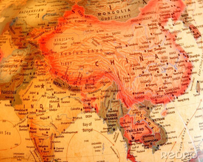 Tableau  Inde, Chine, Thaïlande sur le globe