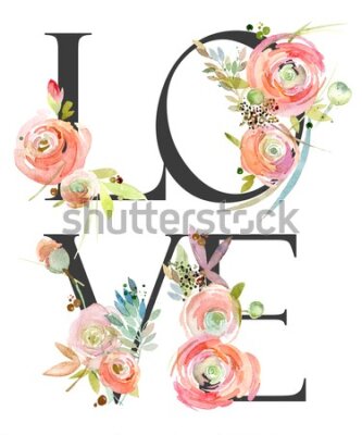 Tableau  Inscription Love avec des fleurs à l'aquarelle