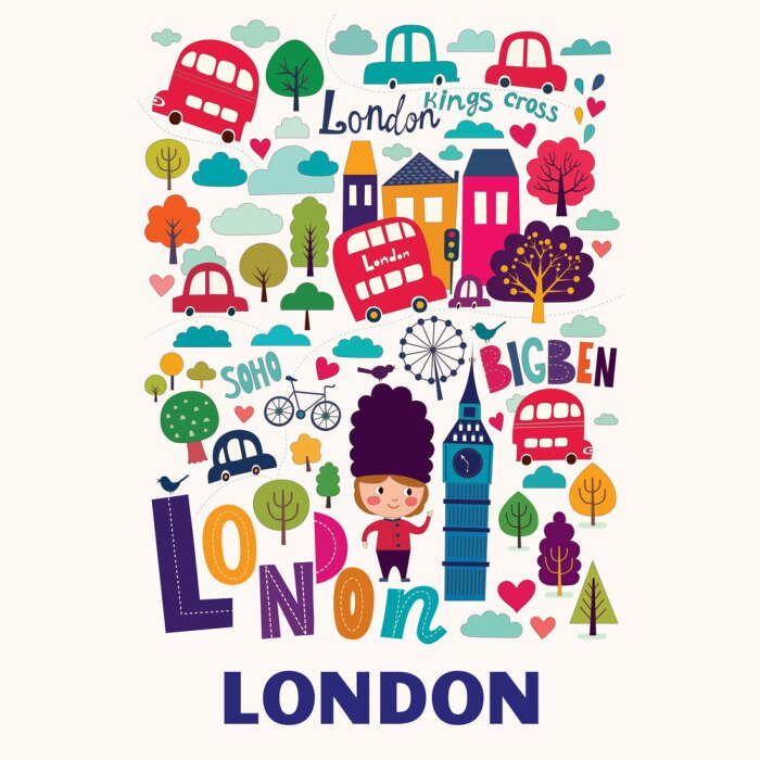 Tableau  Inscriptions et symboles de Londres dans un style cartoon coloré