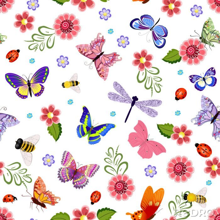 Tableau  Insectes colorés et fleurs
