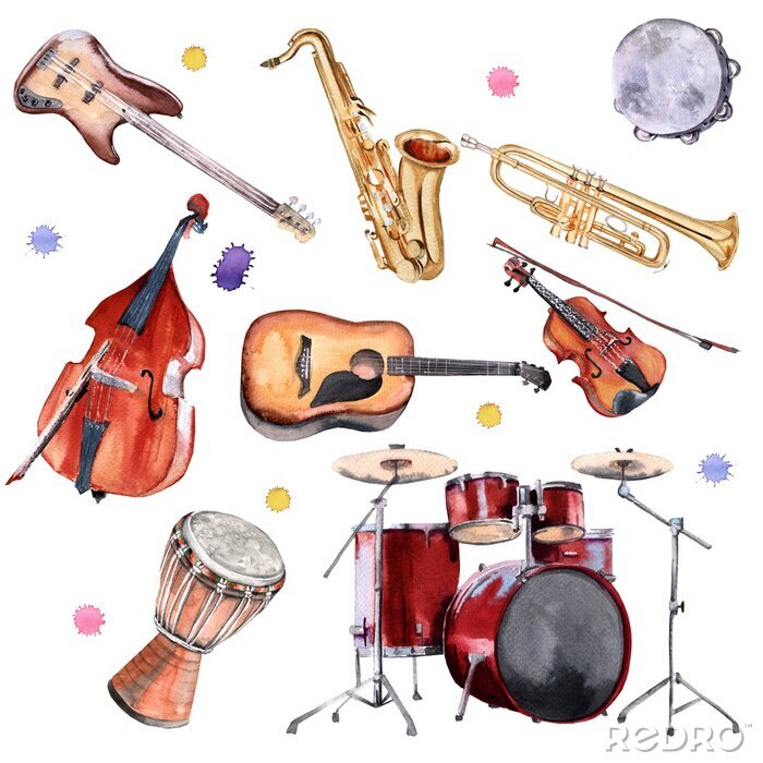 Tableau  Instruments de musique. Saxophone, batterie, contrebasse, guitares, violon et trompette.