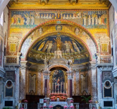 Tableau  Intérieur de la Basilique de Saint-Praxède merveilleux à Rome City Centre, Italie. Détails de la voûte de l'abside de mosaïques colorées (IX sec.).