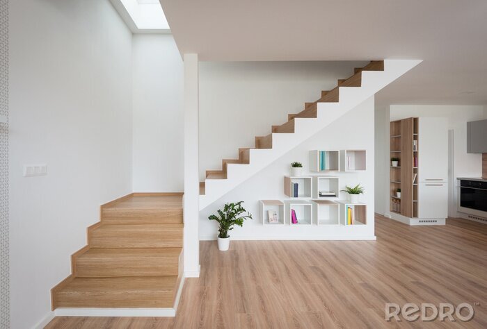 Tableau  Interior of contemporary living room with wooden stairway
