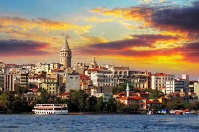 Tableau  Istanbul au coucher du soleil - quartier de Galata, Turquie