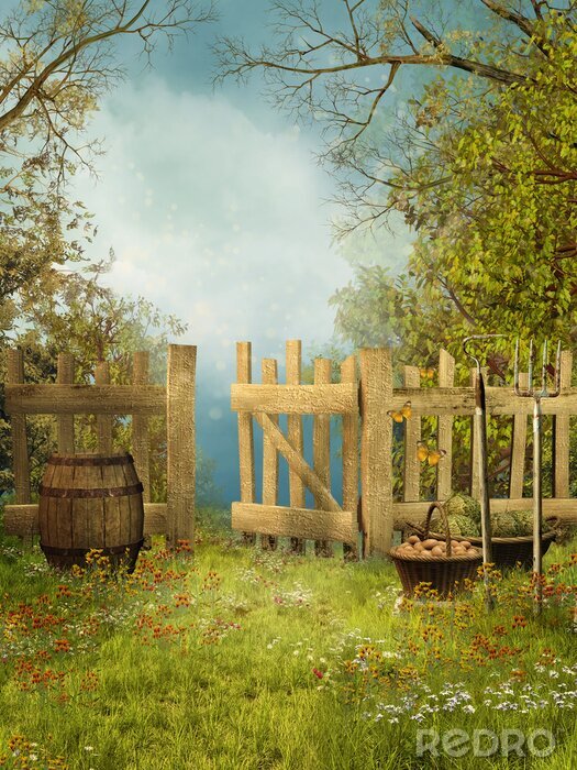 Tableau  Jardin de campagne avec une clôture en bois