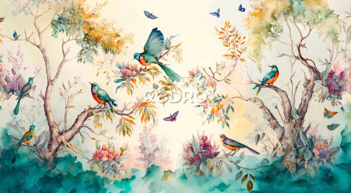 Tableau  Jardin paradisiaque d'oiseaux colorés