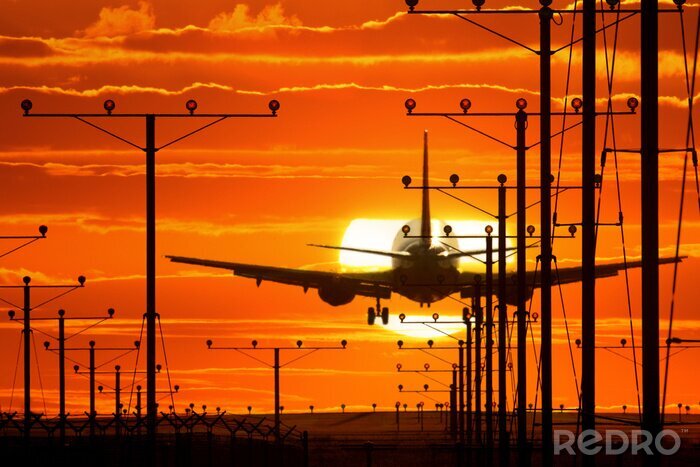 Tableau  Jet plan atterrissage ou au départ à l'aéroport au coucher du soleil