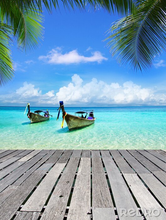 Tableau  Jetée de bateaux en bois et mer tropicale