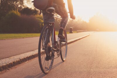 Tableau  Jeune femme à vélo dans le parc au coucher du soleil