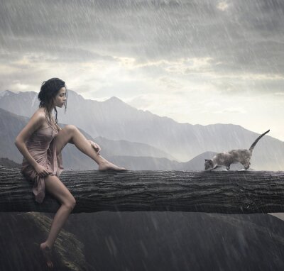 Jeune femme et chat sur un tronc