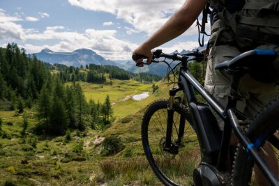 Tableau  Jeune homme adulte actif sur la montagne portant un casque et un sac à dos en vélo regardant le panorama panoramique tenant un vélo électrique en plein air en été.