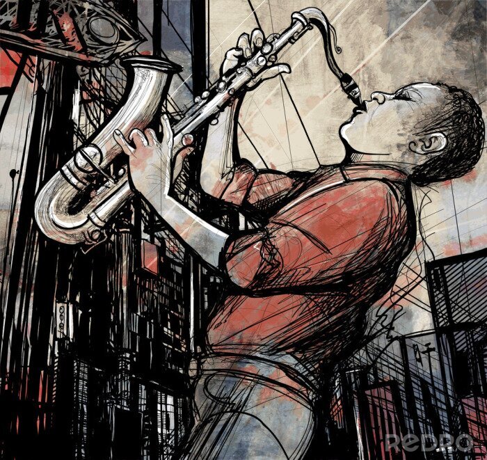 Tableau  joueur de saxophone dans une rue la nuit