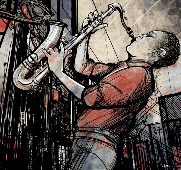 Tableau  joueur de saxophone dans une rue la nuit