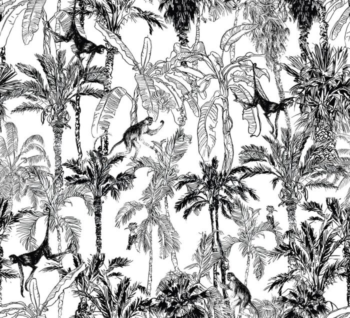 Tableau  Jungle noire et blanche avec des singes