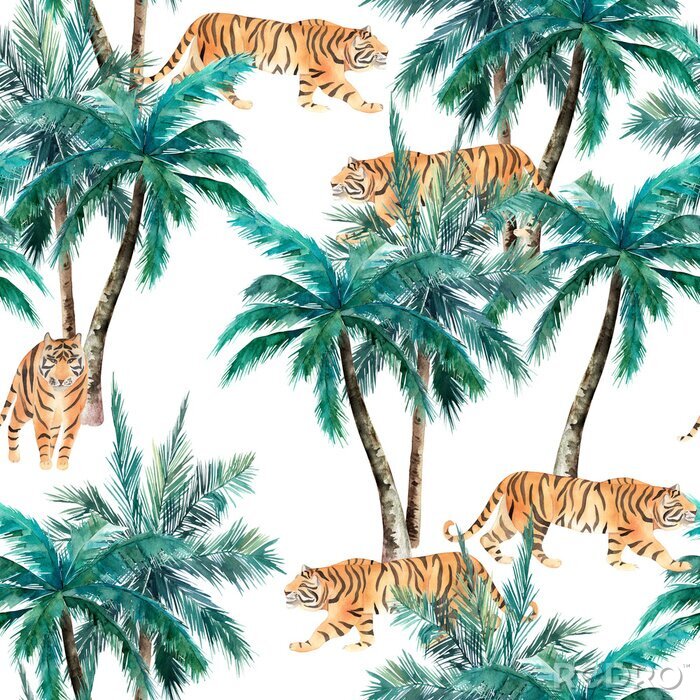 Tableau  Jungle seamless pattern. Tropical palm trees and tiger. Hand drawn watercolour illustration