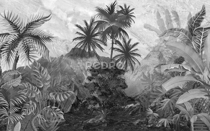 Tableau  Jungle tropicale avec des palmiers en gris