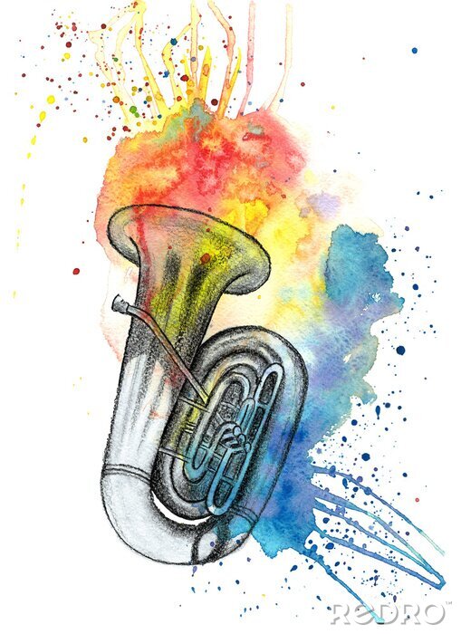 Tableau  L'aquarelle multicolore éclabousse les taches avec un croquis au crayon d'un instrument de musique tuba, de la musique de jazz