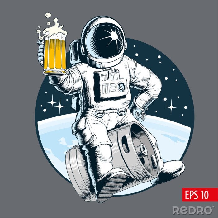 Tableau  L'astronaute est assise sur un baril de bière et tient une chope de bière. Illustration vectorielle de style bande dessinée.