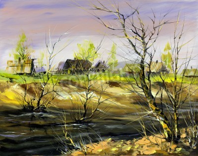 Tableau  La maison rurale sur la rive de l'eau en hiver