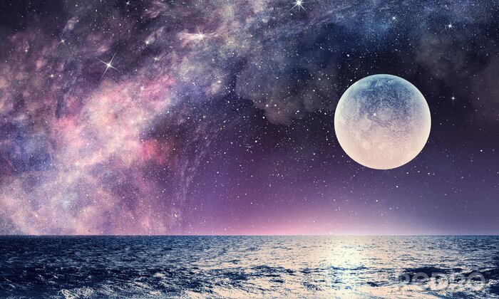 Tableau  La mer avec une immense lune et un ciel étoilé