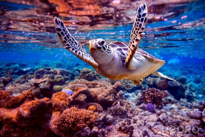 Tableau  La tortue de mer nage sous l'eau sur le fond des récifs coralliens