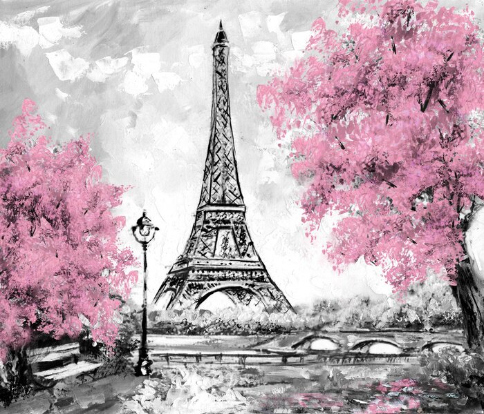 Tableau  La Tour Eiffel avec des arbres roses dans un style pictural
