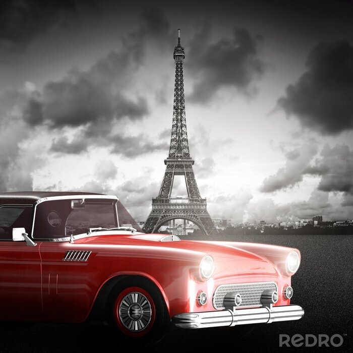Tableau  La Tour Eifflel noir et blanc et voiture rouge