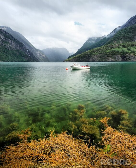 Tableau  Lac et bateau sur fond de montagnes