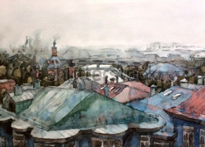 Tableau  Landscape Moscow city roofs graphics watercolor