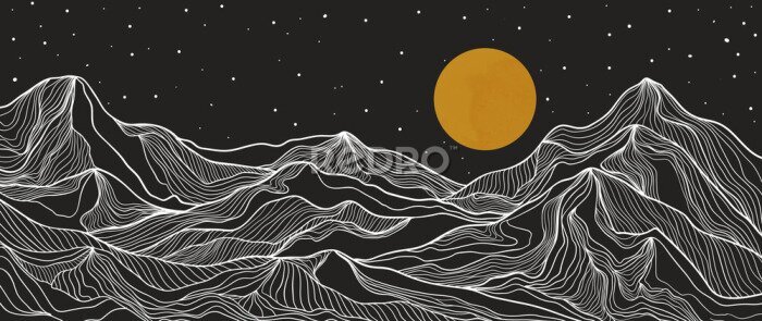 Tableau  Landscape wallpaper design with Golden mountain line arts, luxury background design for cover, invitation background, packaging design, fabric, and print. Vector illustration.