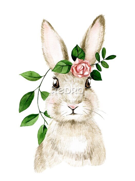 Tableau  Lapin mignon avec une rose sur fond blanc