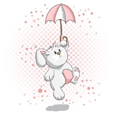 Lapin pelucheux blanc tenant un parapluie bicolore