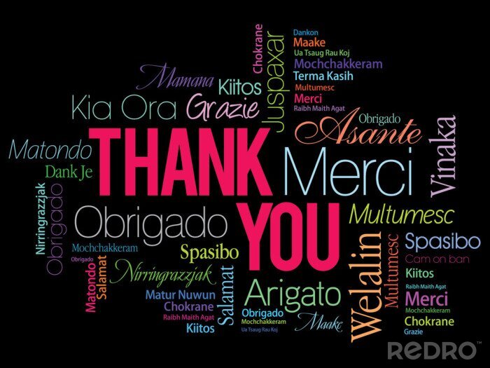 Tableau  Le mot merci écrit dans différentes langues