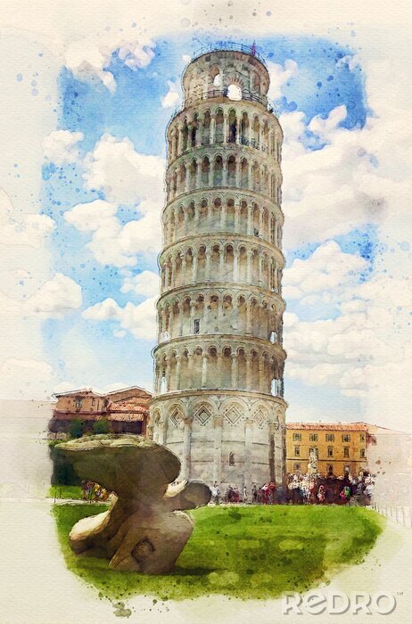 Tableau   Leaning Tower of Pisa, Italy. Watercolor painting