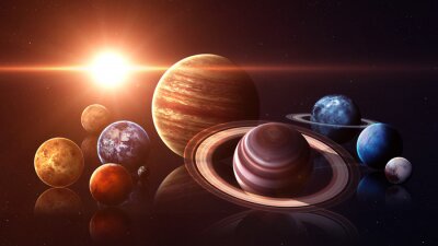 Tableau  Les planètes du système solaire sur fond de soleil