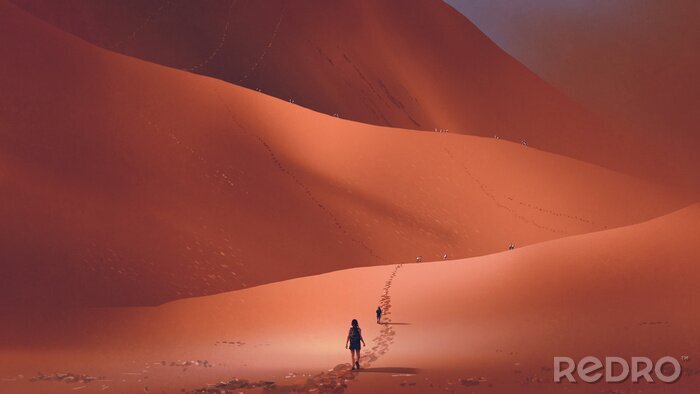 Tableau  les randonneurs grimpent jusqu'à la dune de sable dans le désert rouge, style art numérique, peinture d'illustration