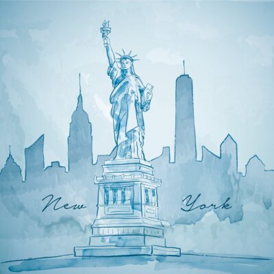 Tableau  Liberty, statue, nouveau, York, bâtiment, ville, silhouette