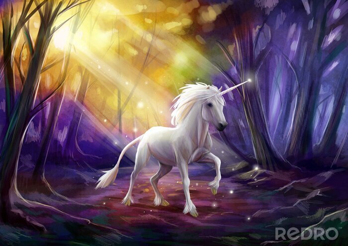 Tableau  Licorne sur un chemin de forêt