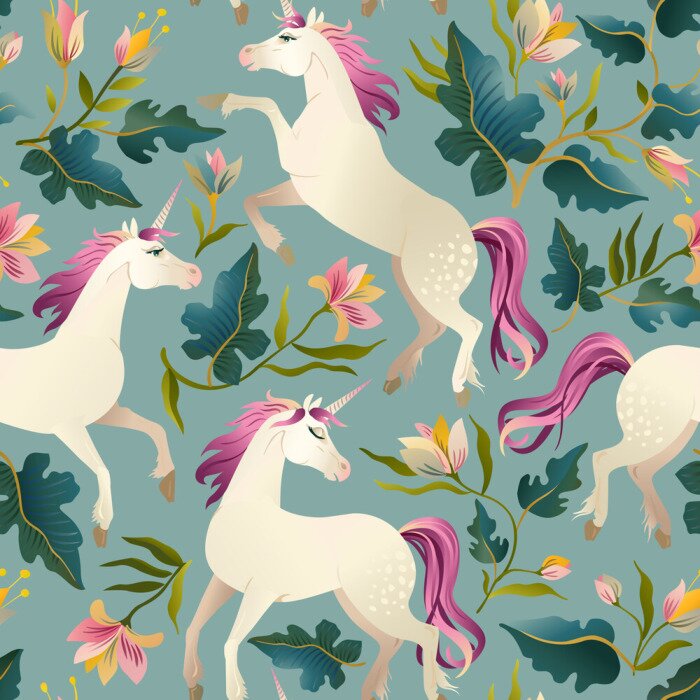 Tableau  Licorne vintage dessiné main dans le modèle sans couture de forêt magique. Illustration vectorielle