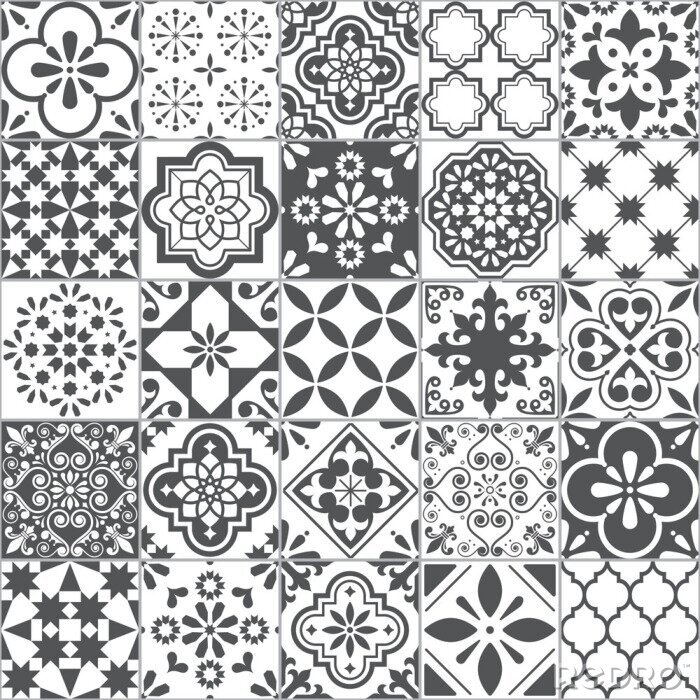 Tableau  Lisbon geometric Azulejo tile vector pattern, Portuguese or Spanish retro old tiles mosaic, Mediterranean seamless gray and white design 	