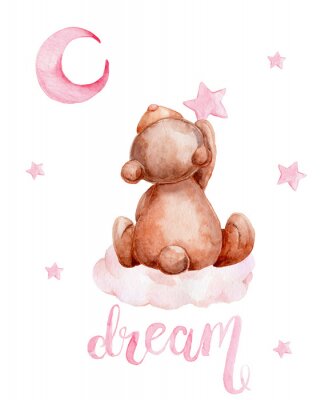 Tableau  Little brown teddy bear sitting on a cloud and moon and stars; watercolor hand draw illustration; with white isolated background