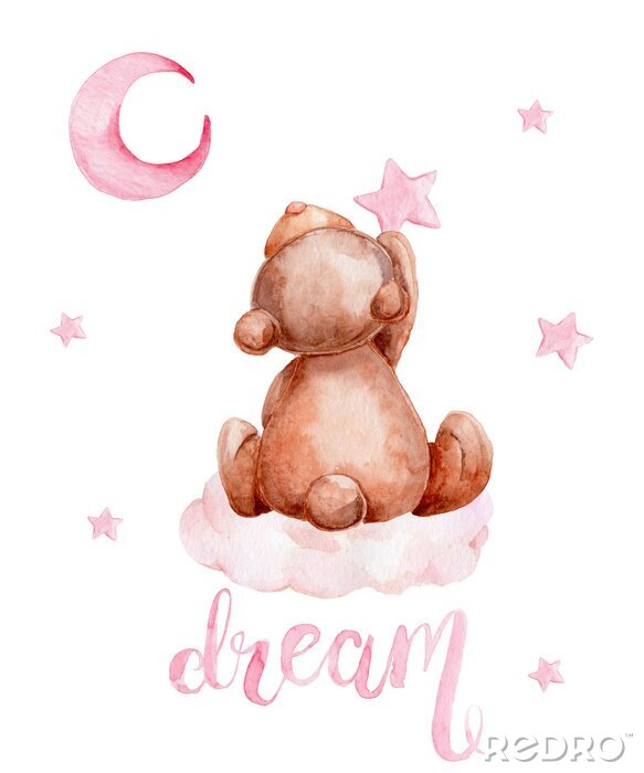 Tableau  Little brown teddy bear sitting on a cloud and moon and stars; watercolor hand draw illustration; with white isolated background