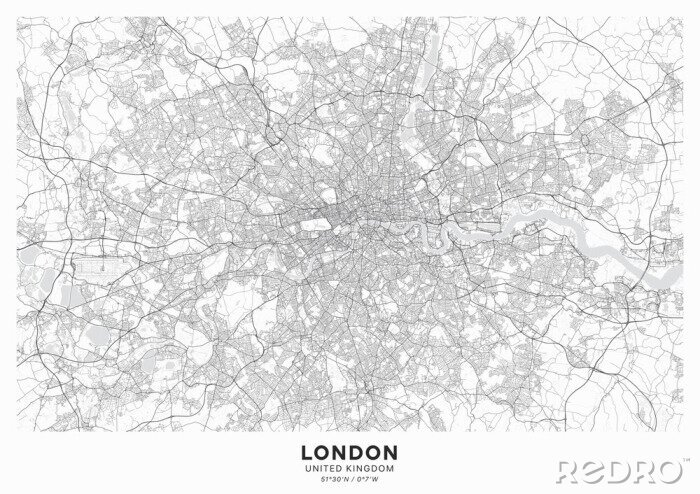 Tableau  London city map poster. Detailed map of London (United Kingdom). Transport system of the city. Includes properly grouped map features (water objects, railroads, roads etc).