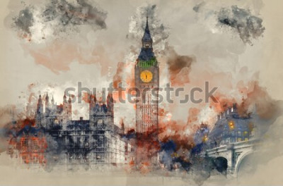 Tableau  Londres aquarelle avec Big Ben et Parlement