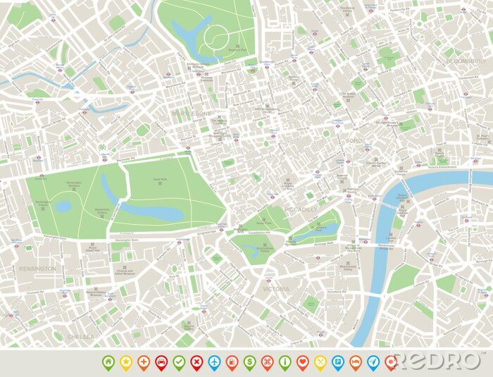 Tableau  Londres Carte et icônes de navigation. Plan comprend les rues, les parcs, les noms des sous-districts, points d'intérêt.